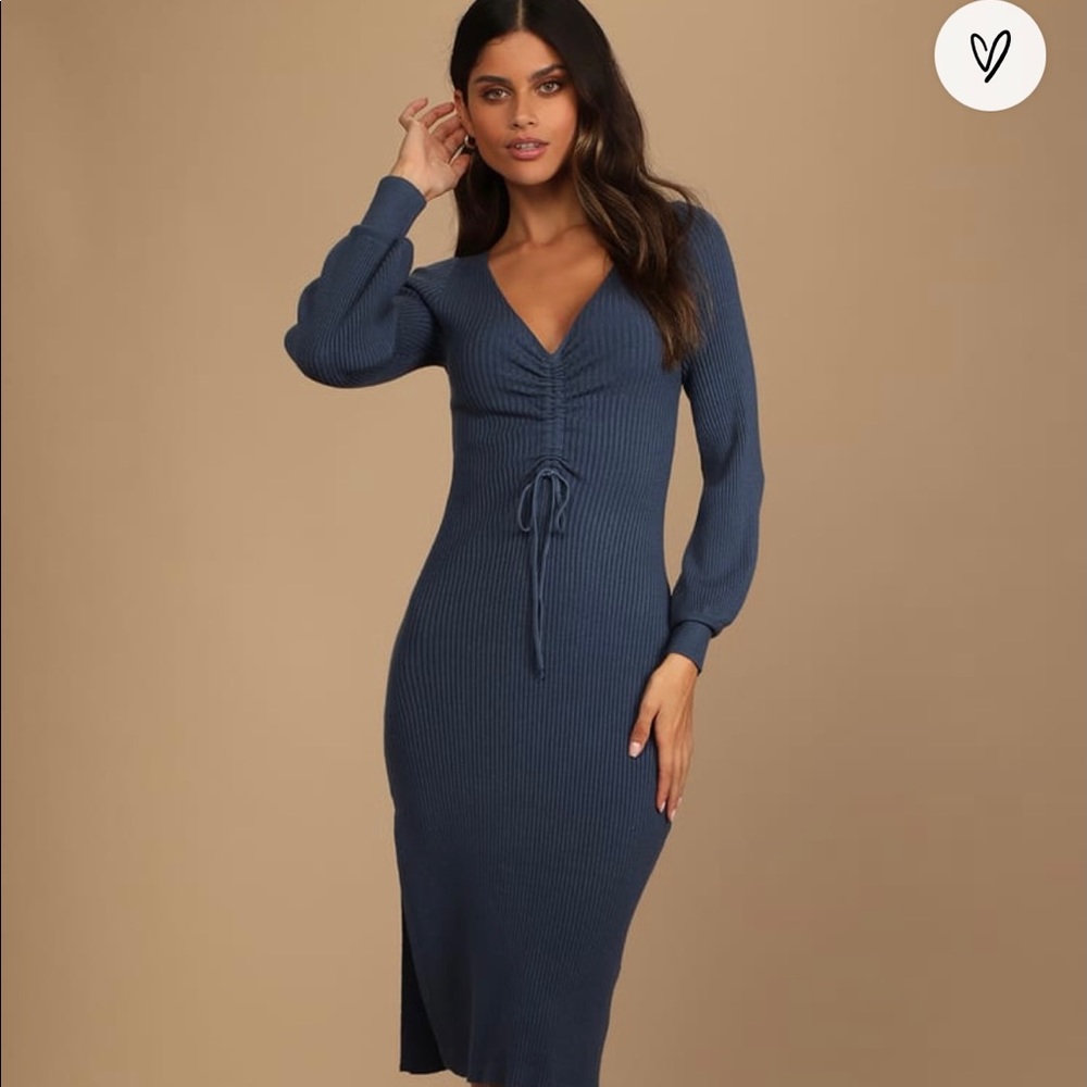 Lulus Blue Ribbed Sweater Midi Dress NEW